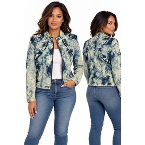 Baccini Womens Acid Wash Denim Moto Jacket Blue Yellow Zip Up Epaulettes Size L